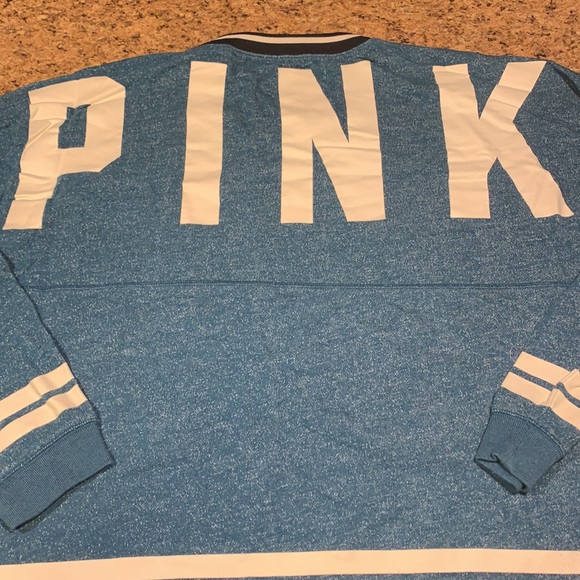 EUC VICTORIA SECRET PINK VARSITY PULLOVER SWEATSHIRT LARGE MARL BLUE - Picture 2 of 6